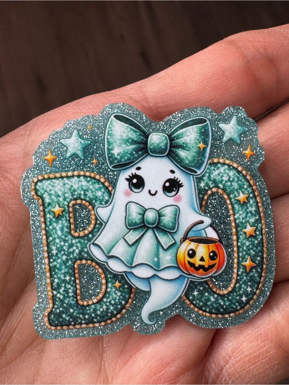 Glam glitter teal "BOO" ghost magnet